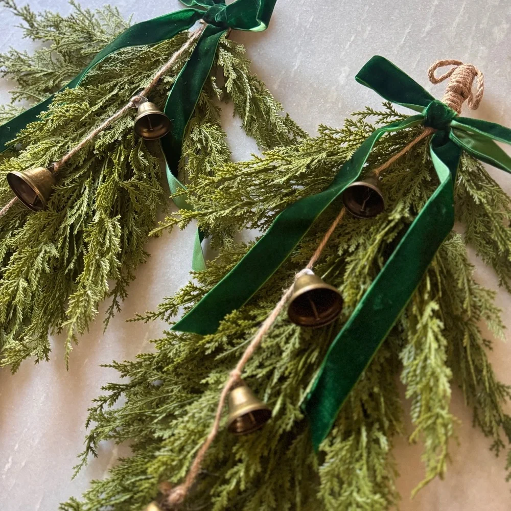 NEW Greenery Cedar Teardrop Holiday Swag with Velvet Ribbon & Bells